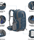 40L Lightweight Hiking Backpack with reflective logo and rain cover, shown with pockets, hose outlet, and front stretch strap.