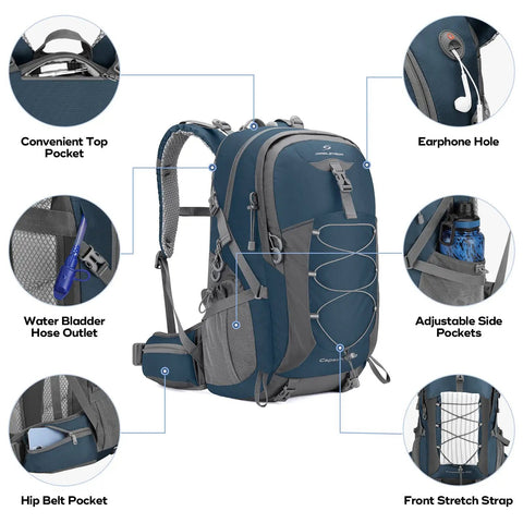40L Lightweight Hiking Backpack with reflective logo and rain cover, shown with pockets, hose outlet, and front stretch strap.