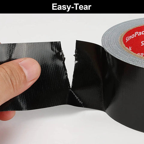 Black Duct Tape Heavy Duty Roll 5 Inch By 55 Yards Industrial Strength Waterproof Tape With 9.1 Mil Thickness, Flexible No Residue, UV Resistant For Outdoor Repairs Tear By Hand, Built For Quick Fixes. Easy-tear black duct tape being torn by hand from a roll