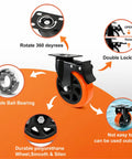 Built Tough 5 Inch Orange Caster Wheel Set Of 4 With Dual Brakes That Roll Like Butter, showing durable polyurethane wheel and double ball bearing.