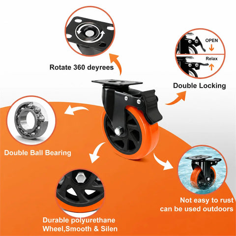Built Tough 5 Inch Orange Caster Wheel Set Of 4 With Dual Brakes That Roll Like Butter, showing durable polyurethane wheel and double ball bearing.