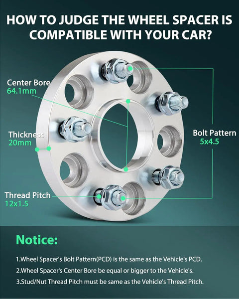 20mm 5x4.5 Wheel Spacers Adapters Set For Honda Cars 64.1mm Hub Bore 12x1.5 Studs Bolt Pattern and Dimensions