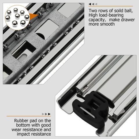 Close-up of 22 Inch Beefy Heavy Duty Drawer Slides Without Lock Full Extension Ball Bearing Industrial Slides with 150 lb load capacity.