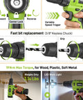 Hella Durable 299 Piece Tool Set With 12V Cordless Drill, showcasing keyless chuck and variable speed trigger features.