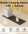 Built-in charging station with 4 sockets, including 2 AC outlets and USB ports, for convenience in a modern twin metal bed setup.