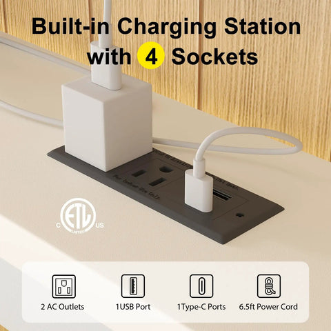 Built-in charging station with 4 sockets, including 2 AC outlets and USB ports, for convenience in a modern twin metal bed setup.