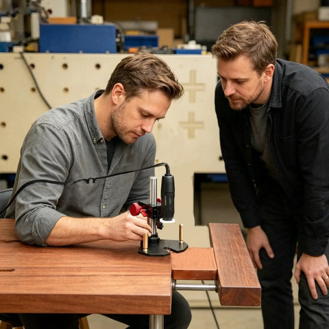 Two men using a Sturdy Rotary Tool Stand For A Stable Drill Press Makeover on a wooden table in a workshop setting.