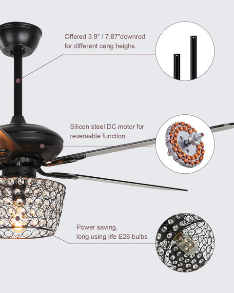 Rad Retro Style Ceiling Fan With Lights And Diamond Crystal Lampshade, featuring five rustic wood blades and remote control.