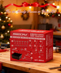 Box of 300 Piece Pegboard Hook Set For Garage And Workshop Organization on a workshop table with tools and holiday decorations.