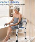 Woman sitting on Built To Last Heavy Duty Shower Chair With Arms Inside Shower, 550 lb capacity, medical bath stool.