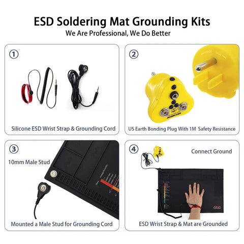 18x12 Inch ESD Silicone Soldering Mat Anti Static Repair Work Surface Kit with grounding components and instructions.