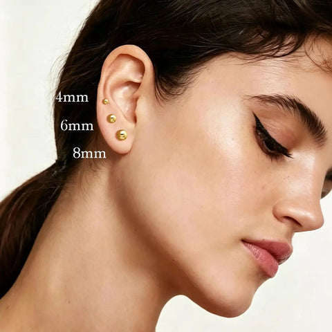 14K Gold Plated Ball Stud Earrings For Women Everyday Dainty Gold Ball Jewelry Minimalist Classic Sparkle Smooth Silhouette For A Timeless Glow Easy Everyday Accessory For Her Comfortable All Day Wear, 4mm 6mm 8mm on ear