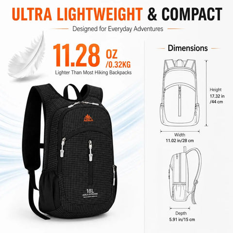 Ultralight 18L Foldable Hiking Daypack For Travel Camping And Cycling Water Resistant Packable Backpack display with dimensions