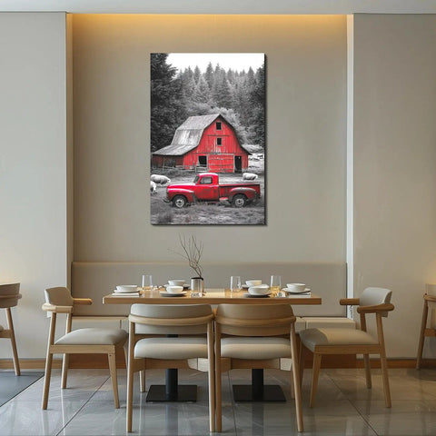 Cozy Rustic Farmhouse Wall Art 24x36 Inch Red Barn Scene With Vintage Red Truck And Sheep, Classic Canvas Print in dining room