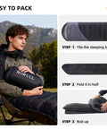 Man sitting outdoors holding Lightweight Warm Weather Sleeping Bag For Adults And Teens With Compression Sack, steps to pack shown