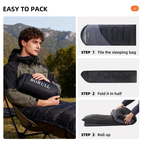 Man sitting outdoors holding Lightweight Warm Weather Sleeping Bag For Adults And Teens With Compression Sack, steps to pack shown