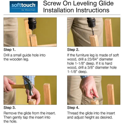 Installation instructions for One Sixteenth Inch Round Screw In Leveling Glides For Wood Furniture showing drilling and adjusting.