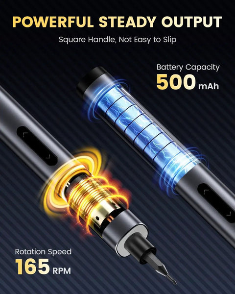 Close-up of 51 In 1 Electric Screwdriver Set Portable Mini Rechargeable Cordless Precision Screwdriver showing battery and RPM details