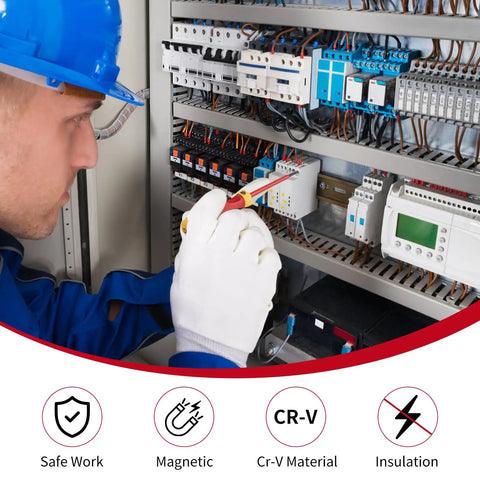 Electrician using Pro Grade 1000V Insulated Electrician Screwdriver Set 8 Piece With Magnetic Tips in electrical panel