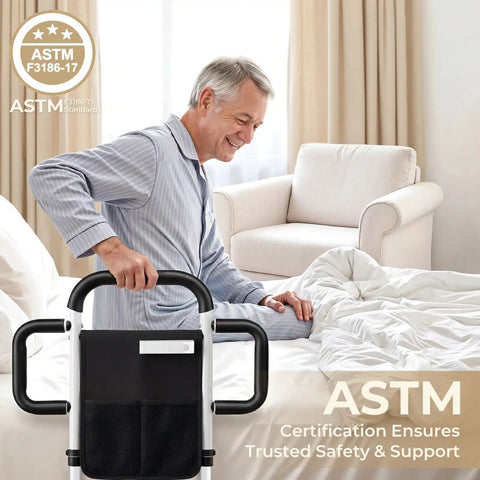 Man using Heavy Duty Bed Rail For Seniors With 400 Lbs Support ASTM Certified Height Adjustable Bed Assist Rail in bedroom