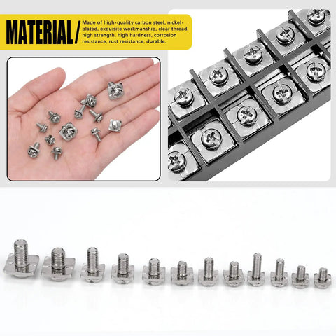 240 Piece Terminal Block Screw Set In 12 Sizes With Nickel Plated Carbon Steel And Square Washers M3 To M5 Dryer Terminal Screws For Quick Wire Fixes And DIY Wiring Projects, nickel-plated screws shown in hand and terminal block