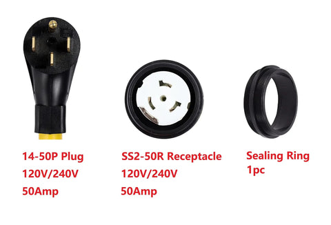 Beefy 30 Foot 14-50P To SS2-50R 120V 240V 50 Amp Twist Lock Extension Cord plug, receptacle, sealing ring components displayed