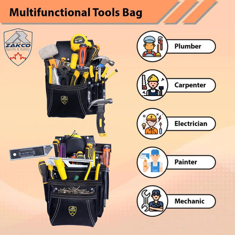 Black leather multifunctional tools bag with various tools for plumber, carpenter, electrician, painter, and mechanic.
