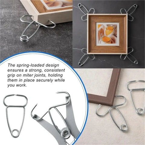 Durable 9-Piece Spring Clip Kit For Woodworking Pros Featuring Multifunctional Miter Clamps And Heavy Duty Pliers on wood frame