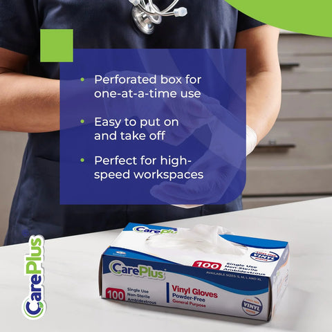CarePlus vinyl gloves, latex-free, powder-free, clear, large, 100-count box for food prep.