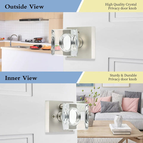 Must Have Crystal Door Knob With Lock Satin Nickel Finish For Bathroom And Bedroom Privacy With Emergency Release Inside Thumb Turn And Privacy Key Outside For Quick Easy Install And Durable Door Hardware, outside and inside view