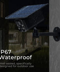 Solar Powered Wireless Security Camera With 2K Color Night Vision mounted outdoors in rain, showcasing IP67 weatherproof design.