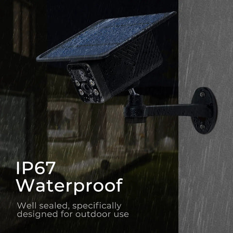 Solar Powered Wireless Security Camera With 2K Color Night Vision mounted outdoors in rain, showcasing IP67 weatherproof design.