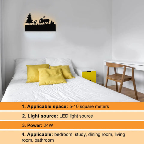 Forest Deer Cartoon Wall Sconce LED Light For Indoor Spaces above bed in modern bedroom with white and yellow accents