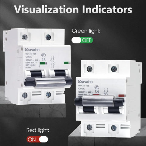 Two Pole 80 Amp AC Circuit Breaker For 120V Or 240V With DIN Rail Mount Built Tough Smart Solar Disconnect Switch Compatible, shown with visualization indicators.