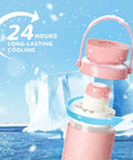 Portable Breastmilk Cooler For Travel And Daily Grind, Reusable 22oz bottle showing 24-hour cooling feature in pink design.