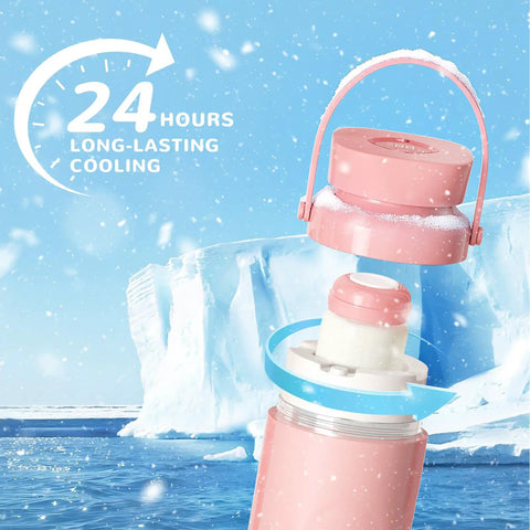 Portable Breastmilk Cooler For Travel And Daily Grind, Reusable 22oz bottle showing 24-hour cooling feature in pink design.