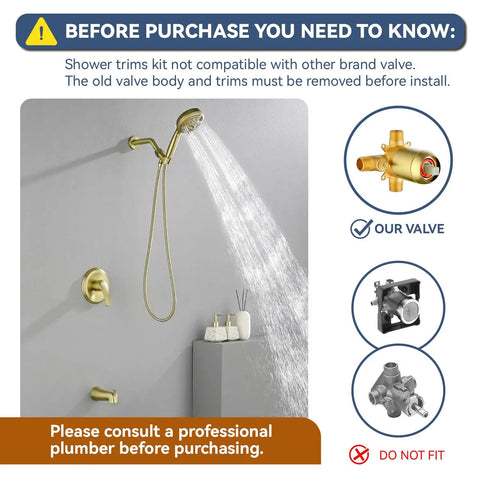 Brushed Gold Tub And Shower Faucet Set With Waterfall Spout Wall Mount Shower System Includes 5 Inch Shower Head And 9 Setting Handheld Sprayer Valve Included Easy Install Modern Bath Upgrade showing recommended valve compatibility guidelines before purchase.
