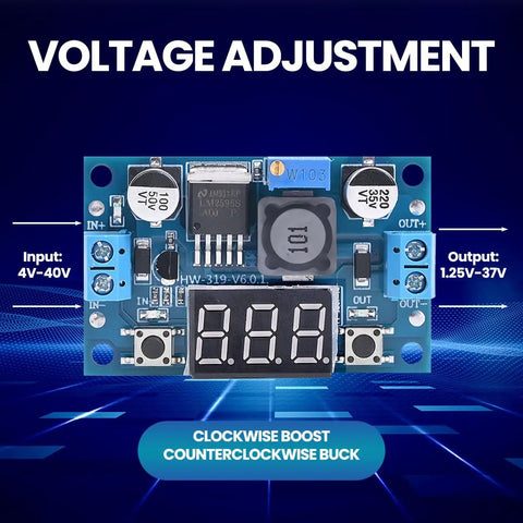 LM2596 Adjustable DC DC Buck Converter With LED Voltmeter Display featuring input 4.0-40V and output 1.25-37V on a blue circuit board