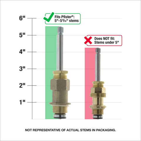 Comparison of two faucet stems with height markings, 5”-5 9/16” fit for Pfister models. Note: Not actual stems in package.