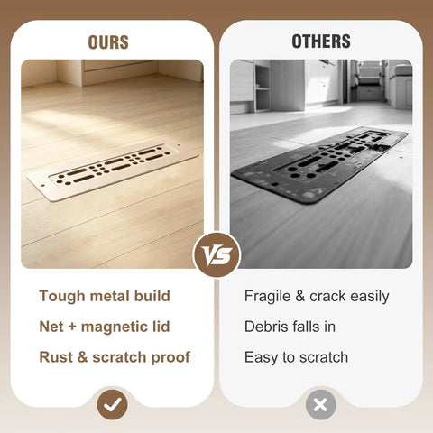 Comparison of the Beefy Rugged Aluminum RV Floor Vent Cover Kit 2x10 and a standard vent, showing durability and design differences.