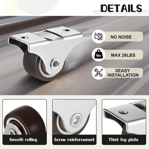 Heavy Duty Rigid Caster Wheels And Mounting Screws, 12 Pack Brown One Inch Furniture Casters close-up of a single wheel with silver mounting plate