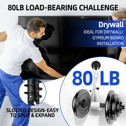 Self Drilling Size Eight Drywall Anchors And Screws Set, Heavy Duty Nylon And Glass Fiber Construction, 80 Lbs Load Capacity, Pre Drill Free, Includes 40 Anchors And 40 Screws With Storage Case For Hanging Shelves TVs And Pictures shown for mounting TV, 80 LB weight challenge visible.