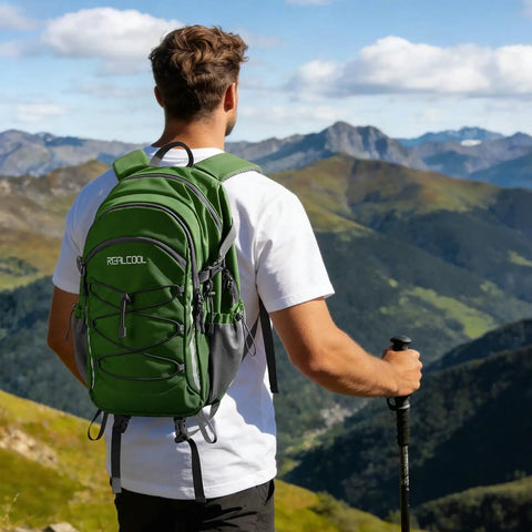 Hiker with 20L Lightweight Hiking Backpack Waterproof Daypack For Camping Ergonomic Back Panel in mountain landscape