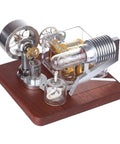 Hot Air Engine Model Kit With Rotating Mechanical Music Box on a wooden base, showcasing metal components and quartz glass cylinder.