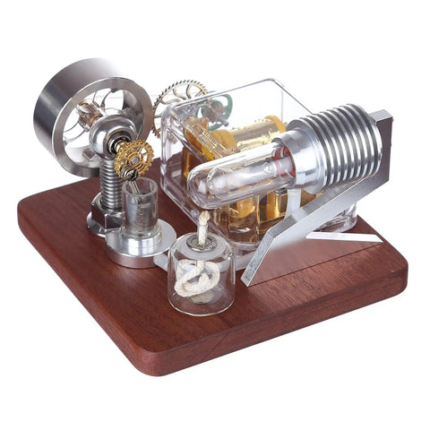 Hot Air Engine Model Kit With Rotating Mechanical Music Box on a wooden base, showcasing metal components and quartz glass cylinder.