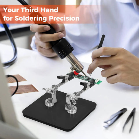 Helping Hands Soldering Station With Rock Solid Base Dual Magnetic Arms Adjustable Clamp Stand in use for electronics.