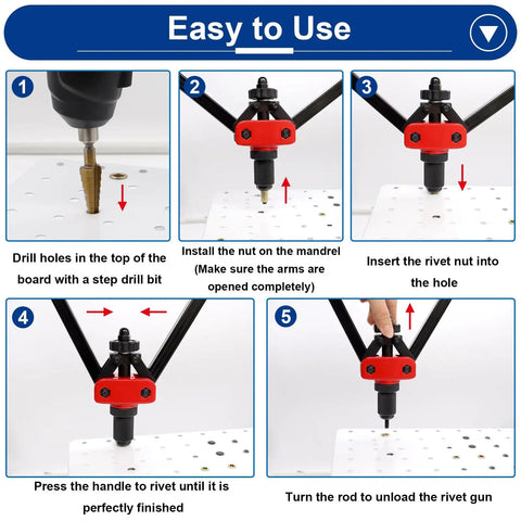 Step-by-step instructions using Beast 14 Inch Rivet Nut Tool Kit With 8 Mandrels And 500 Rivnuts, Labor Saving Hand Rivnut Setter.