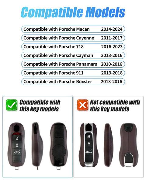 Compatibility chart and key models for Giant Python Green Porsche Key Case and Cover for Macan Cayenne 718 Cayman Panamera 911 Boxster.