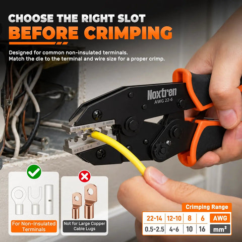 Built Tough Ratcheting Crimp Tool For AWG 22 To 6 Non Insulated Butt Ring Fork Spade Terminals featuring yellow wire insertion.