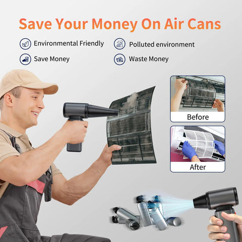 Man using cordless air duster for cleaning, showcasing before and after results; Cordless Air Duster With Stepless Speed Control And Brushless Motor Metal Shell Blower Delivers 120000 RPM For Quick Keyboard Cleaning And Dust Removal Replaces Canned Air For Outdoors Car And Home Cleaning.